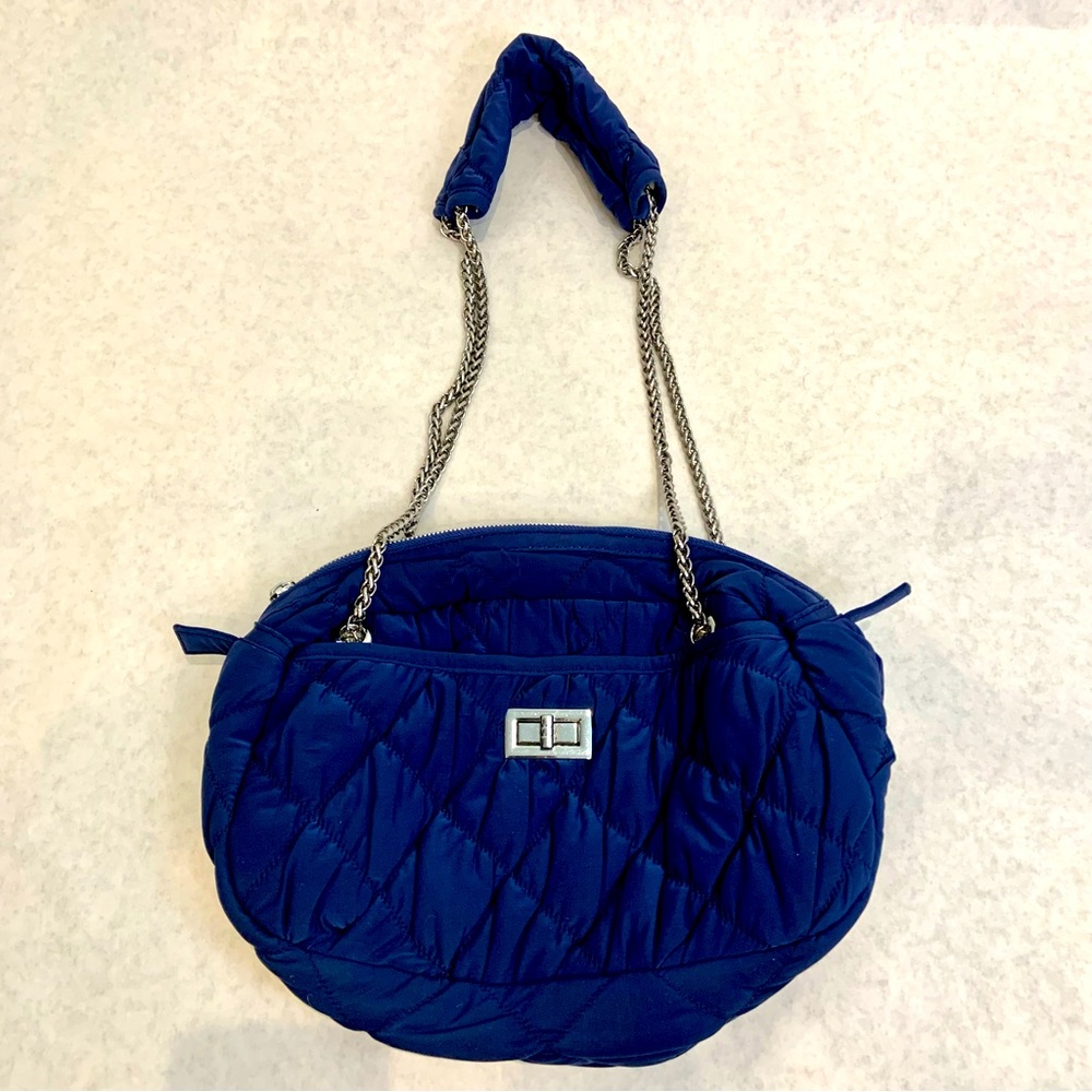 Street Level quilted blue shoulder bag with silver tone hardware and chain